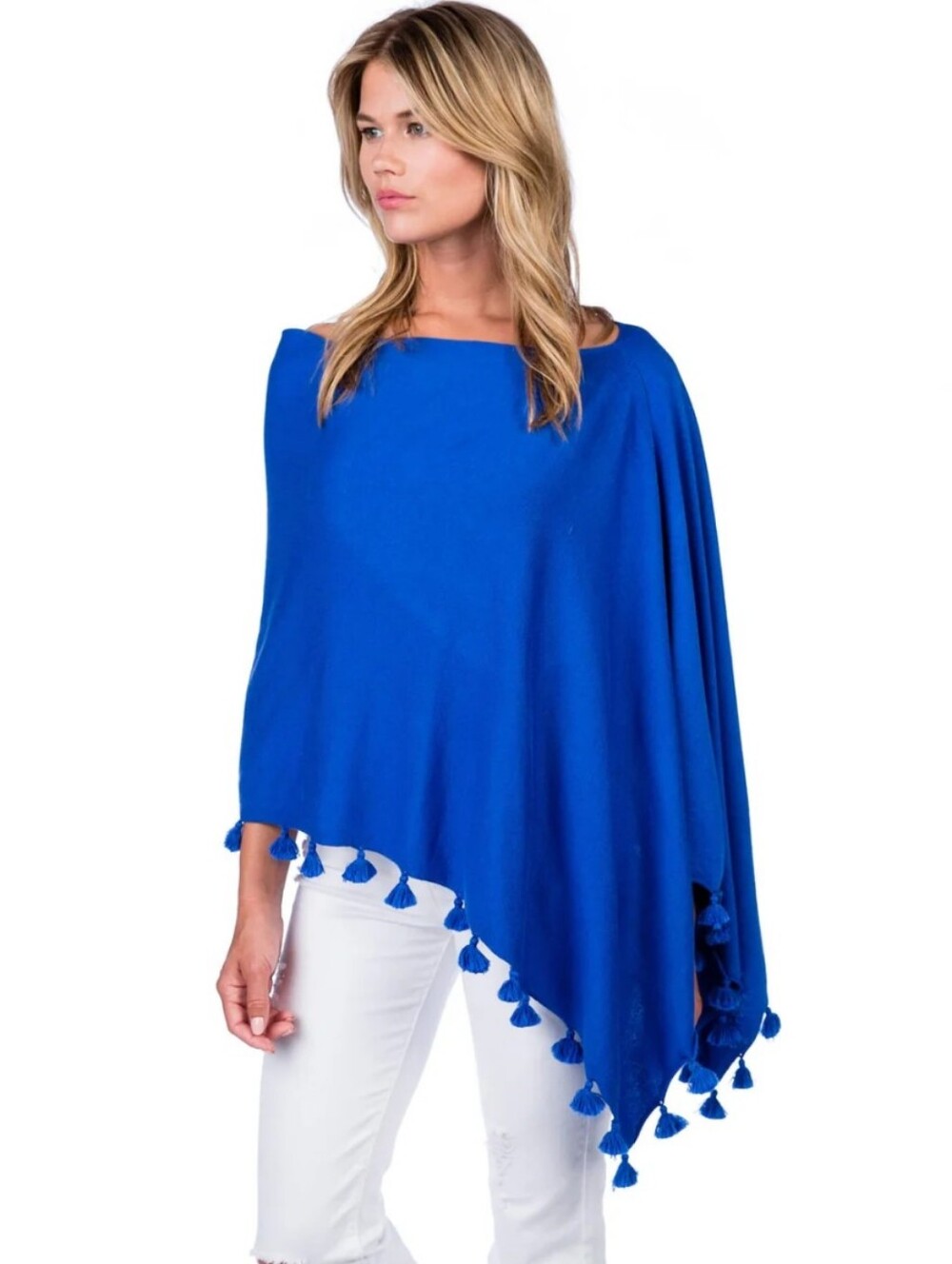 Carolina Grace Cashmere & Cotton Soft Royal Blue Tassel-Trim Shawl Topper O/S